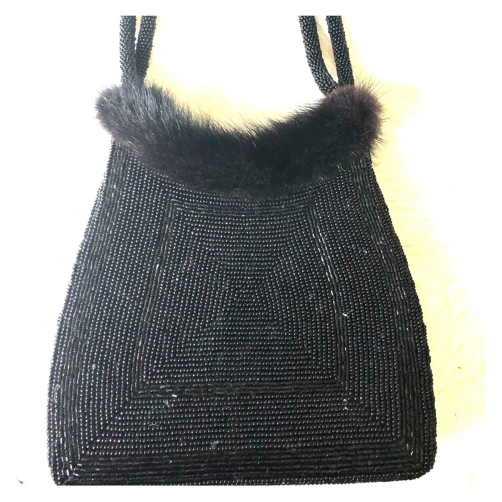 Black Beaded Purse Lined w/ Rabbit Fur Handbag